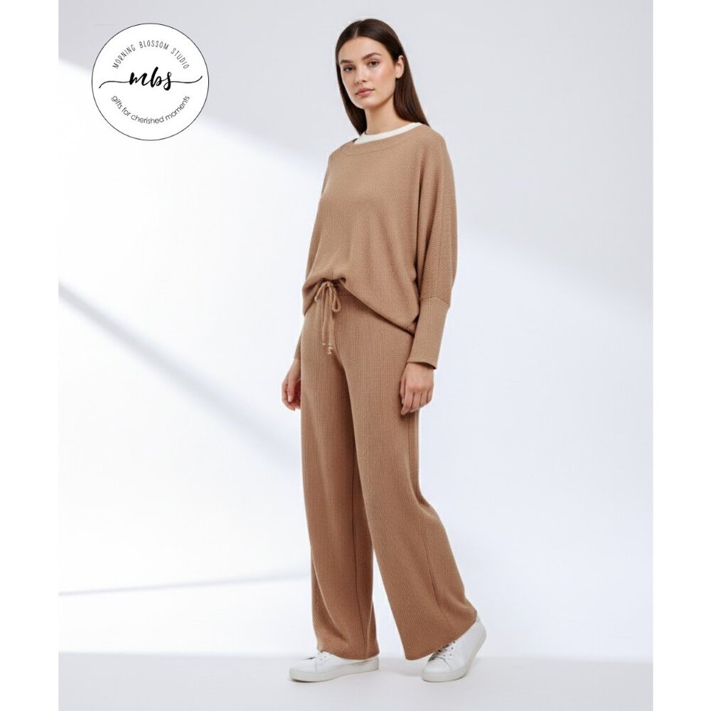 Set of Korye Dolman Sleeve Sweater & High Waist Wide Leg Pants Tan Women‎ 1X